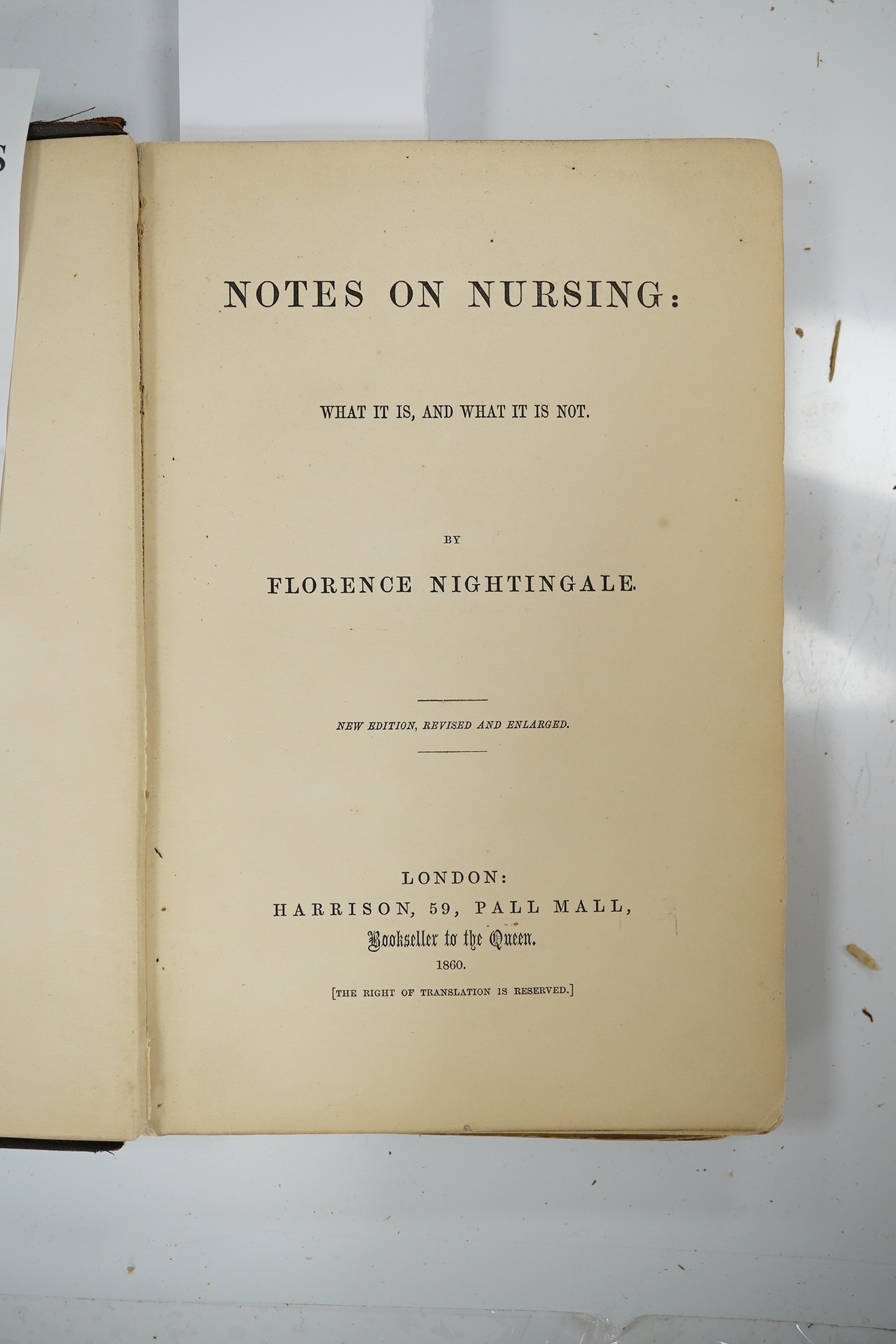 Nightingale, Florence - Notes on Nursing: what it is, and what it is not. new edition, revised and enlarged. original blind decorated and gilt lettered cloth, yellow e/ps. (distressed). Harrison, 1860.